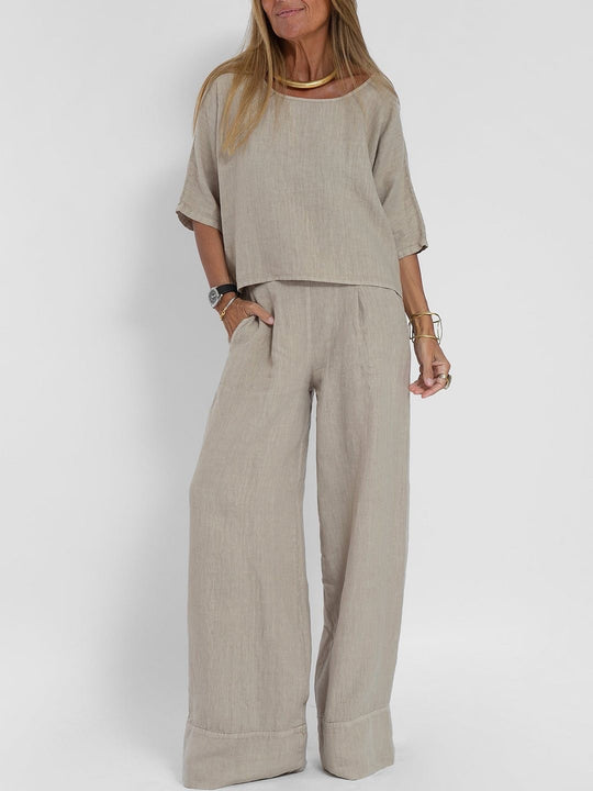 Damen lässiges Leinen-Set mit weitem Oberteil und palazzo Hosen R&B