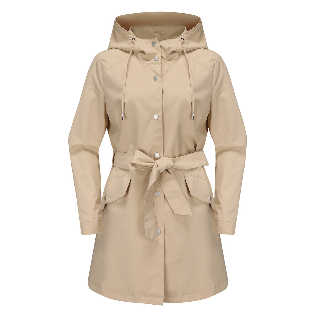 Damen wasserfeste Übergangsjacke mit verstellbarem Kapuzenkragen und Taillengürtel R&B