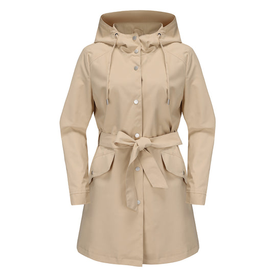 Damen wasserfeste Übergangsjacke mit verstellbarem Kapuzenkragen und Taillengürtel R&B