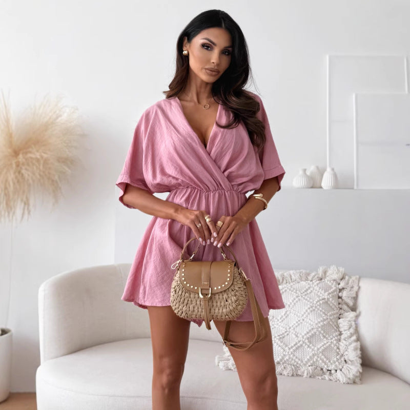 Damen Kurzarm Kleid mit Wickeloptik und elastischem Bund R&B