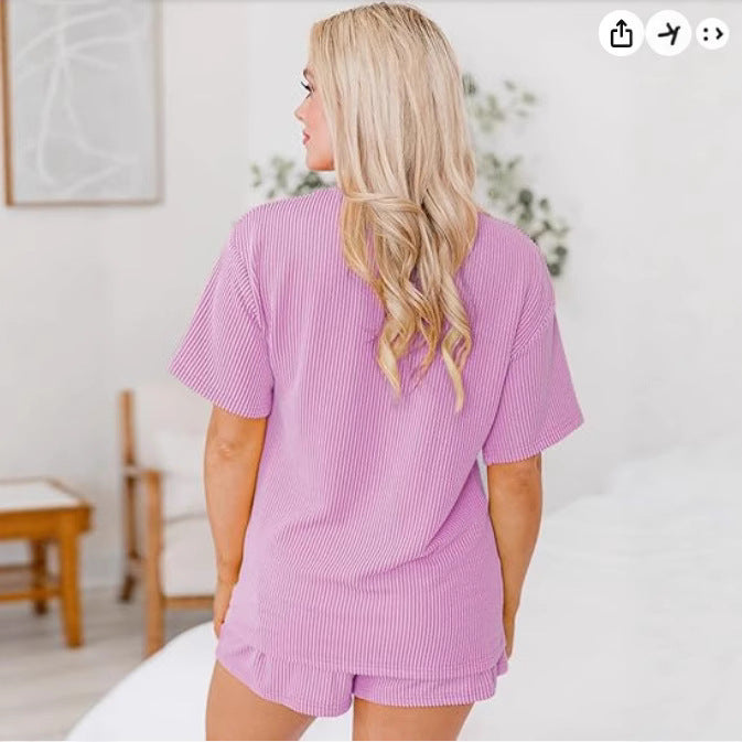 Damen Bequemes Kurzarm Set mit V-Ausschnitt und elastischem Taillenbund R&B