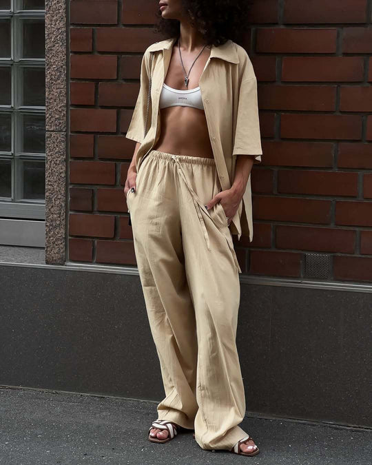 Damen lässiges Freizeit-Set aus leichtem Stoff mit weiten Hosen und lockerer Bluse R&B
