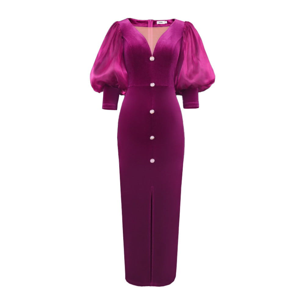 Damen Samtlangkleid mit Puffärmeln und subtilen Knopfdetails R&B