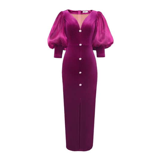 Damen Samtlangkleid mit Puffärmeln und subtilen Knopfdetails R&B
