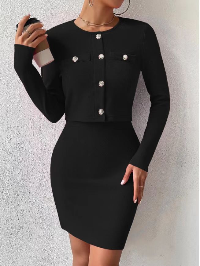 Damen elegantes Jumpsuit-Set mit taillierter Jacke und schimmernden Knöpfen R&B