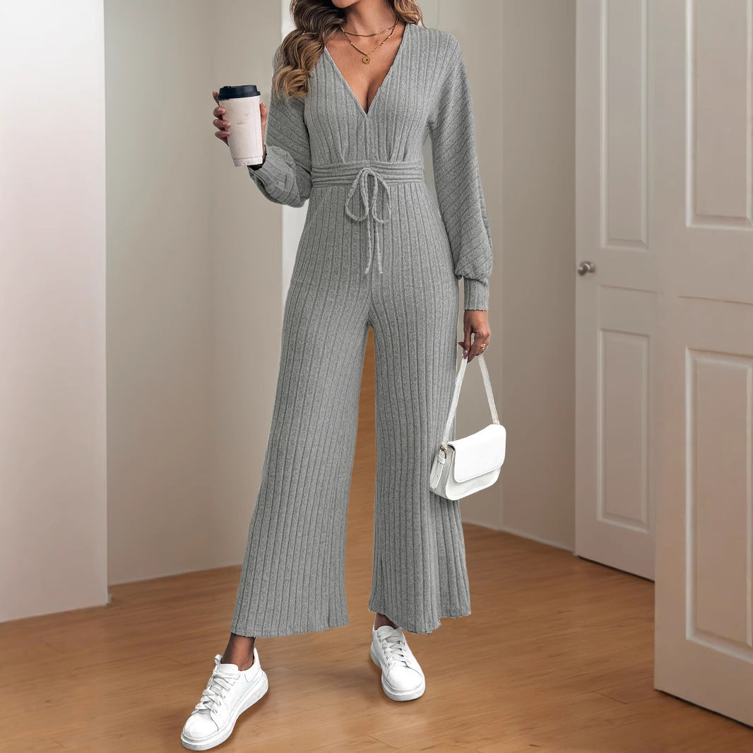 Damen legerer Strick-Jumpsuit mit weitem Bein und Taillengürtel R&B