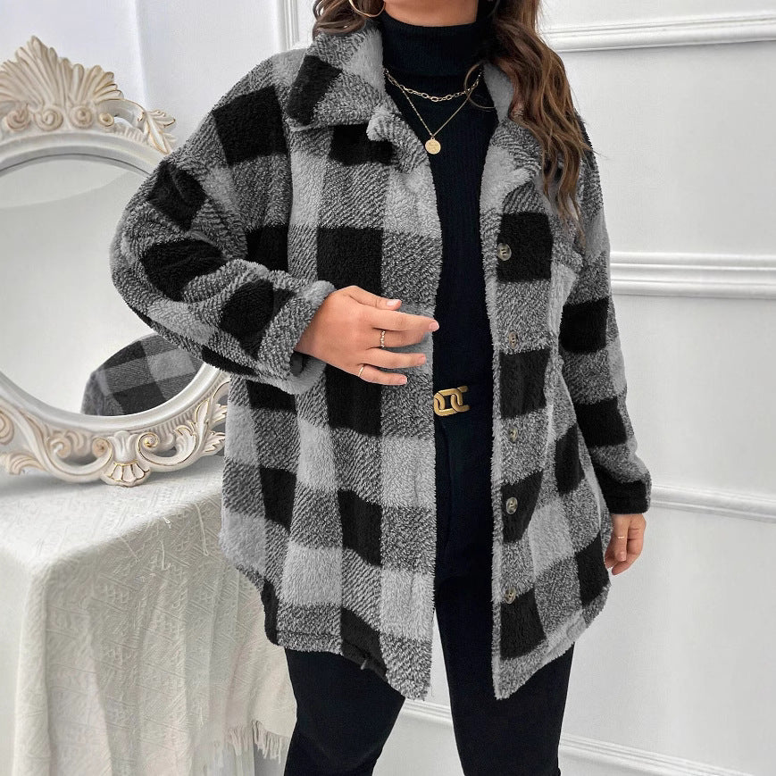 Damen kuschelige Karojacke mit Knopfverschluss und oversized Schnitt R&B
