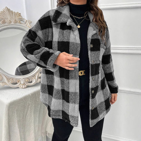 Damen kuschelige Karojacke mit Knopfverschluss und oversized Schnitt R&B