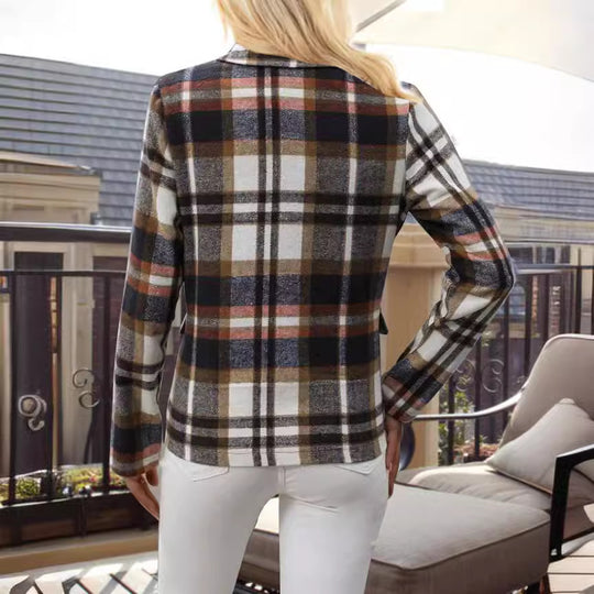Damen kariertes Zweireiher-Blazerjacke mit eleganten Knopfdetails und maßgeschneidertem Schnitt R&B