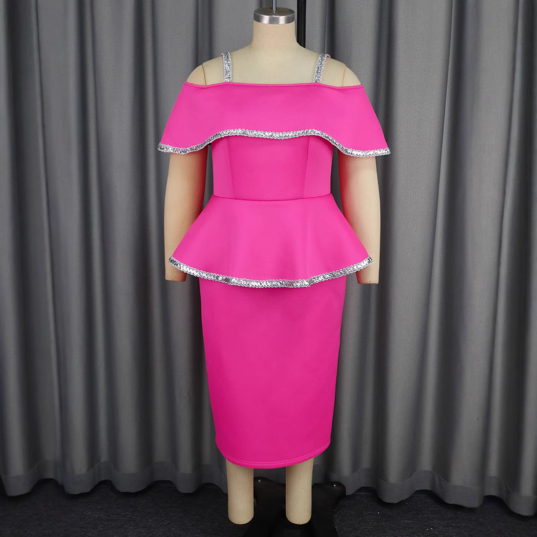 Damen elegantes Peplum-Kleid mit schulterfreiem Design und Glitzerdetails R&B
