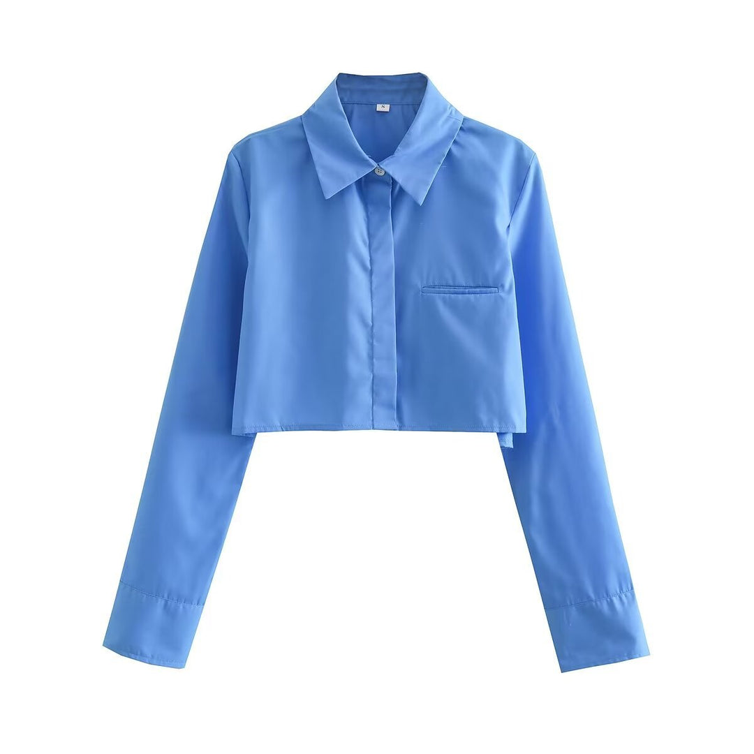 Damen cropped Bluse mit klassischem Kragen und praktischen Brusttaschen R&B
