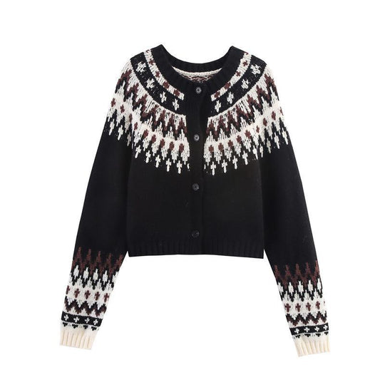 Damen gestrickte Winterjacke mit traditionellem Muster und Knöpfen R&B