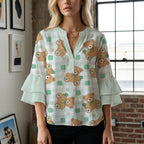 Damen Bluse mit voluminösen Flügelärmel und intensivem Blattmuster