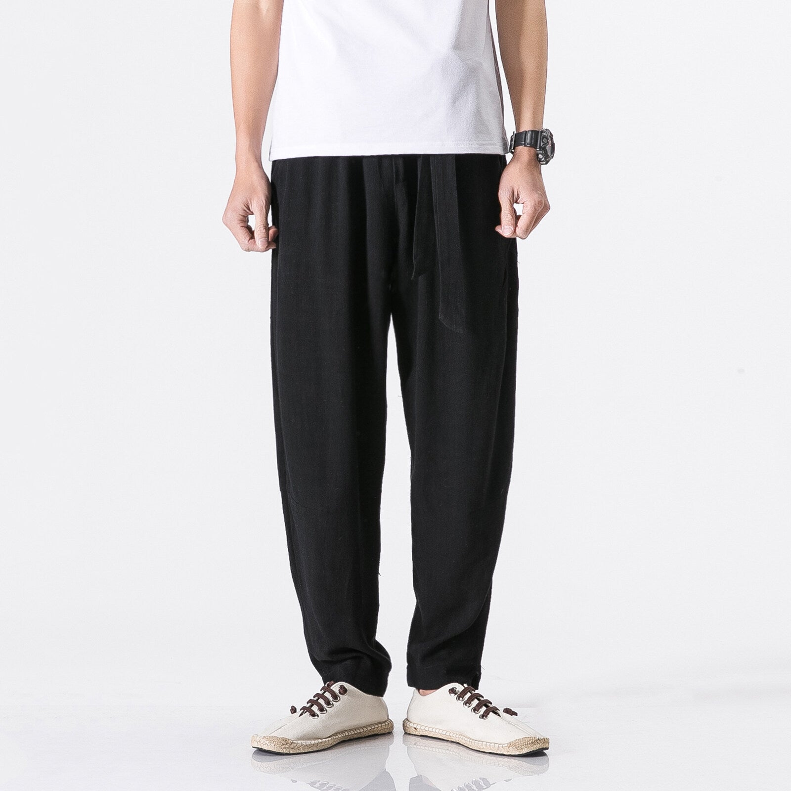 Herren nan entspannte Leinen-Baumwoll Harem-Joggerhose mit verdecktem Tunnelzug und tapered Bein R&B