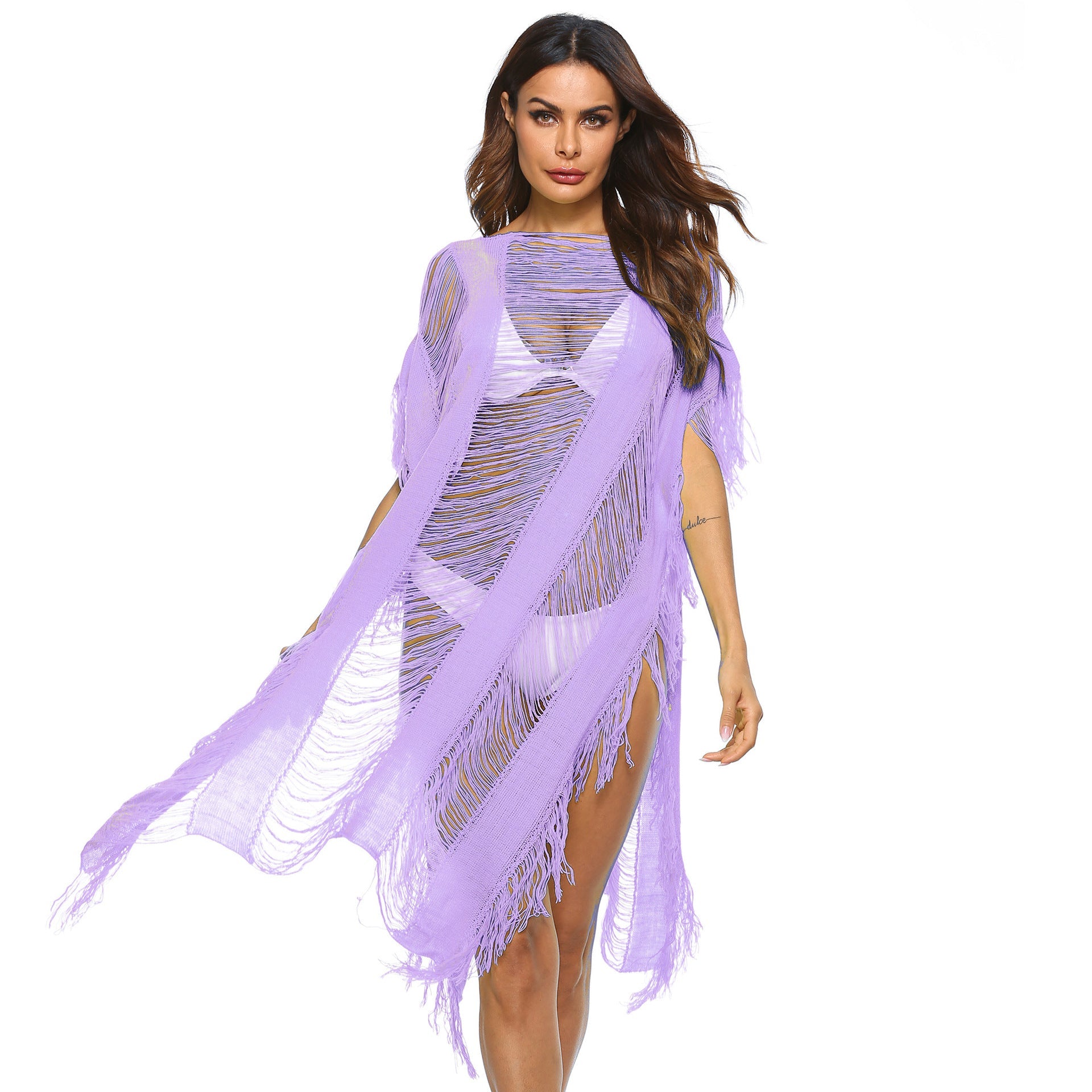 Damen eleganter fransiger Strandüberwurf mit transparenten Akzenten R&B