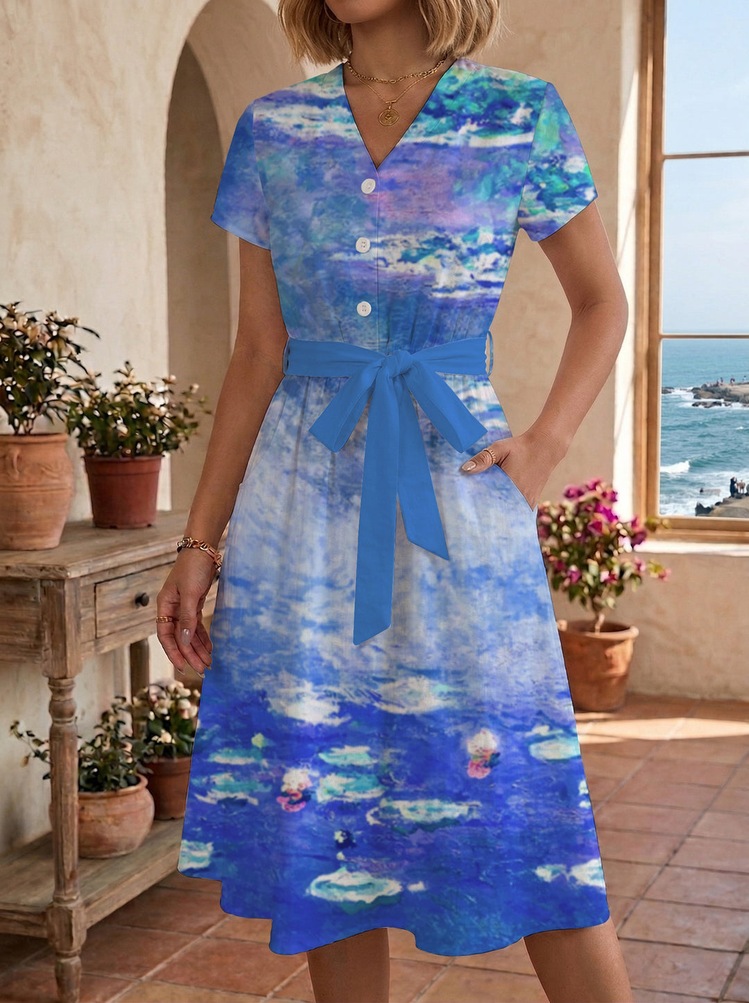 Damen Blühendes Midikleid mit taillierbarem Gürtel und kunstvollem Print R&B