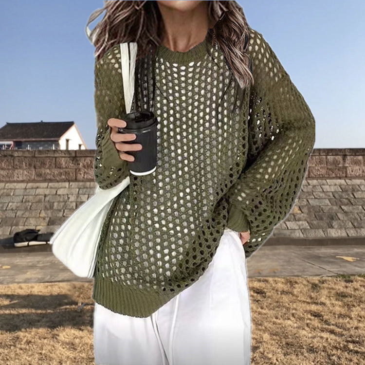 Damen luftiger Strickpullover mit modischer Netzstruktur R&B