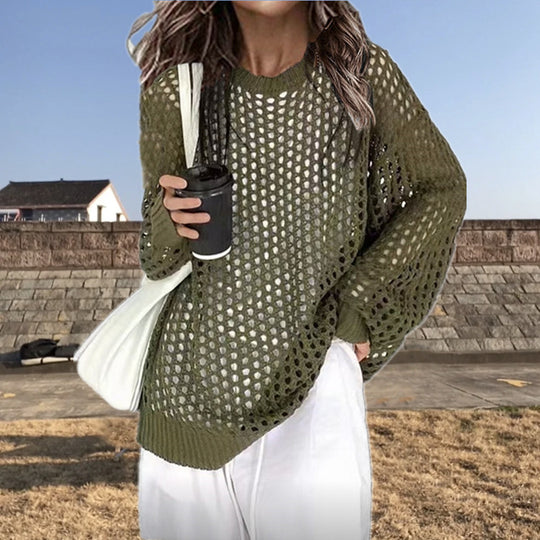 Damen luftiger Strickpullover mit modischer Netzstruktur R&B