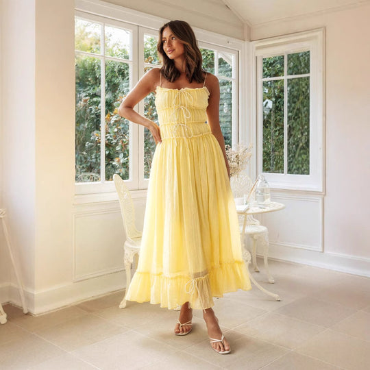 Damen Maxikleid mit verstellbarem Schnürdetail und rüschigem Saum R&B