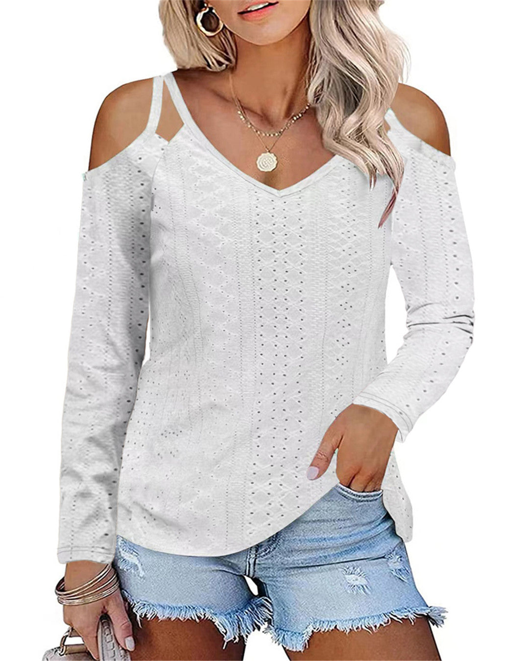Damen Elegantes Shirt mit angeschnittenen Schultern und V-Ausschnitt R&B