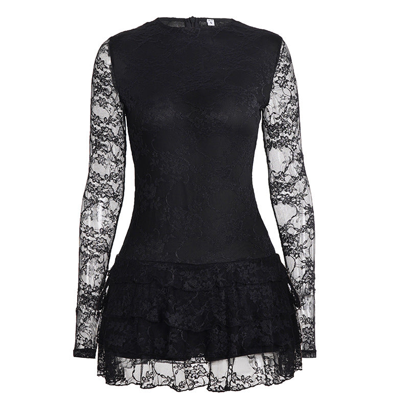 Damen Spitzenkleid mit voluminösen Rüschendetails und langem Arm R&B