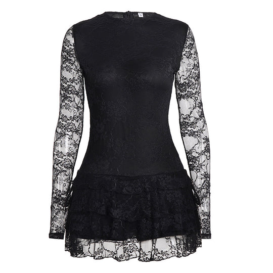 Damen Spitzenkleid mit voluminösen Rüschendetails und langem Arm R&B