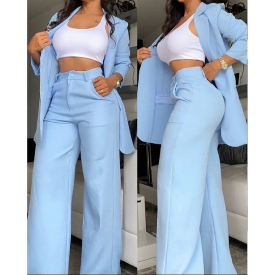 Damen Elegantes Zweiteiler-Set mit weitem Hosenbein und tailliertem Blazer R&B