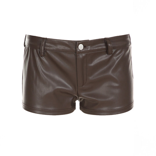 Damen Kunstleder-Shorts mit dekorativen Knopfdetails R&B
