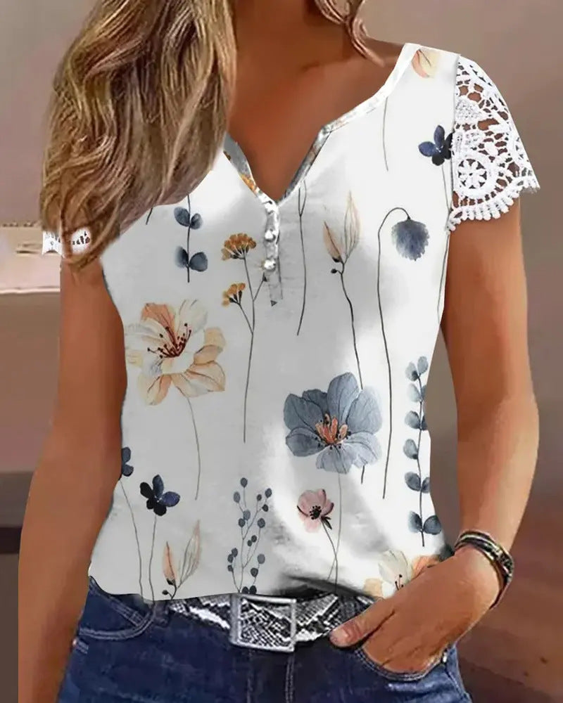 Damen Kurzarmbluse mit Spitze und floralen Akzenten R&B