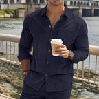 Herren gestreiftes Langarmshirt mit modischem Stehkragen und praktischer Brusttasche R&B