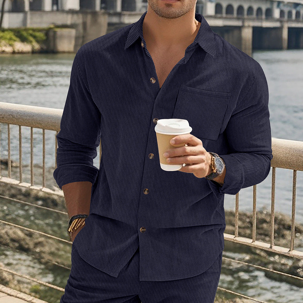 Herren gestreiftes Langarmshirt mit modischem Stehkragen und praktischer Brusttasche R&B