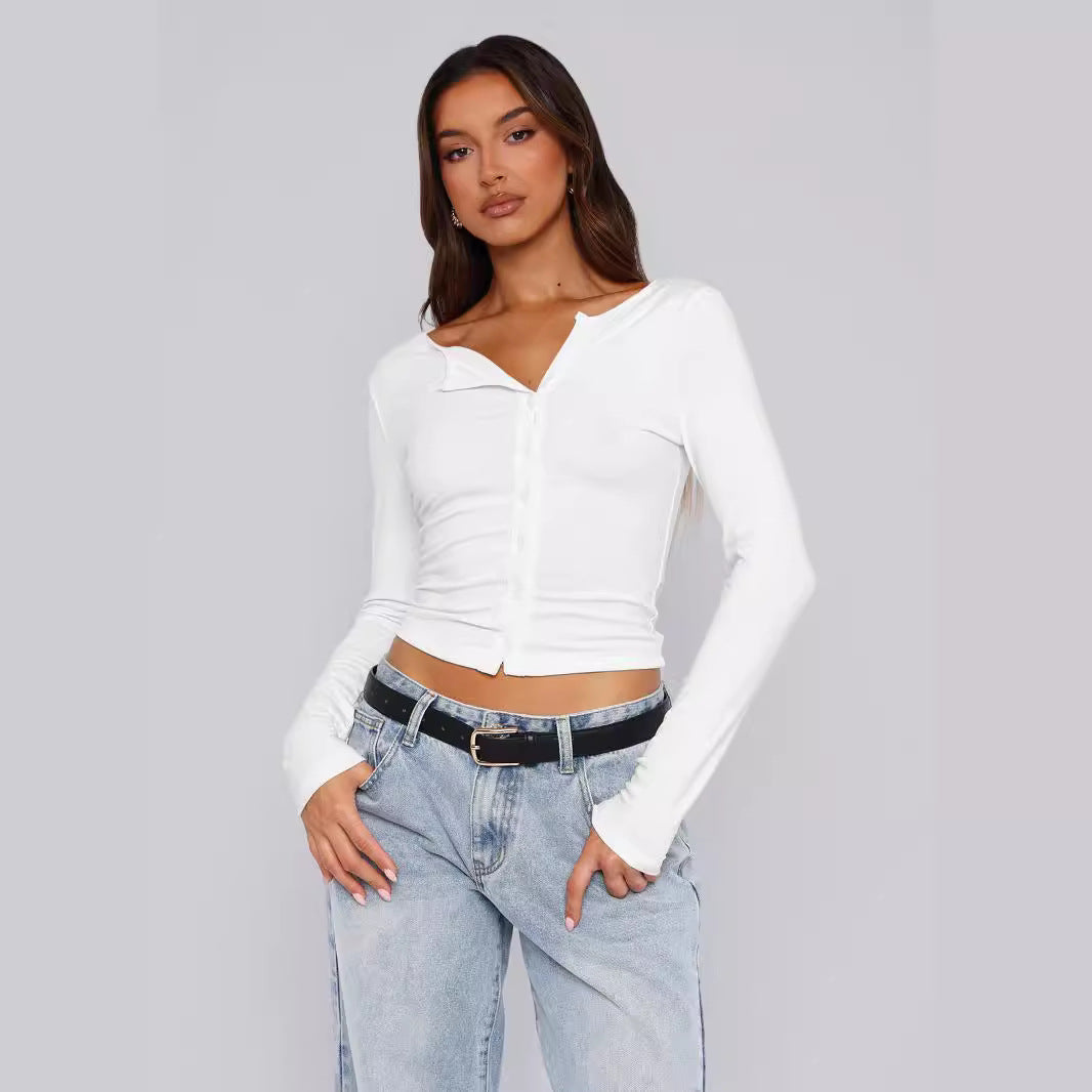 Damen figurbetontes Langarmshirt mit Knopfleiste R&B