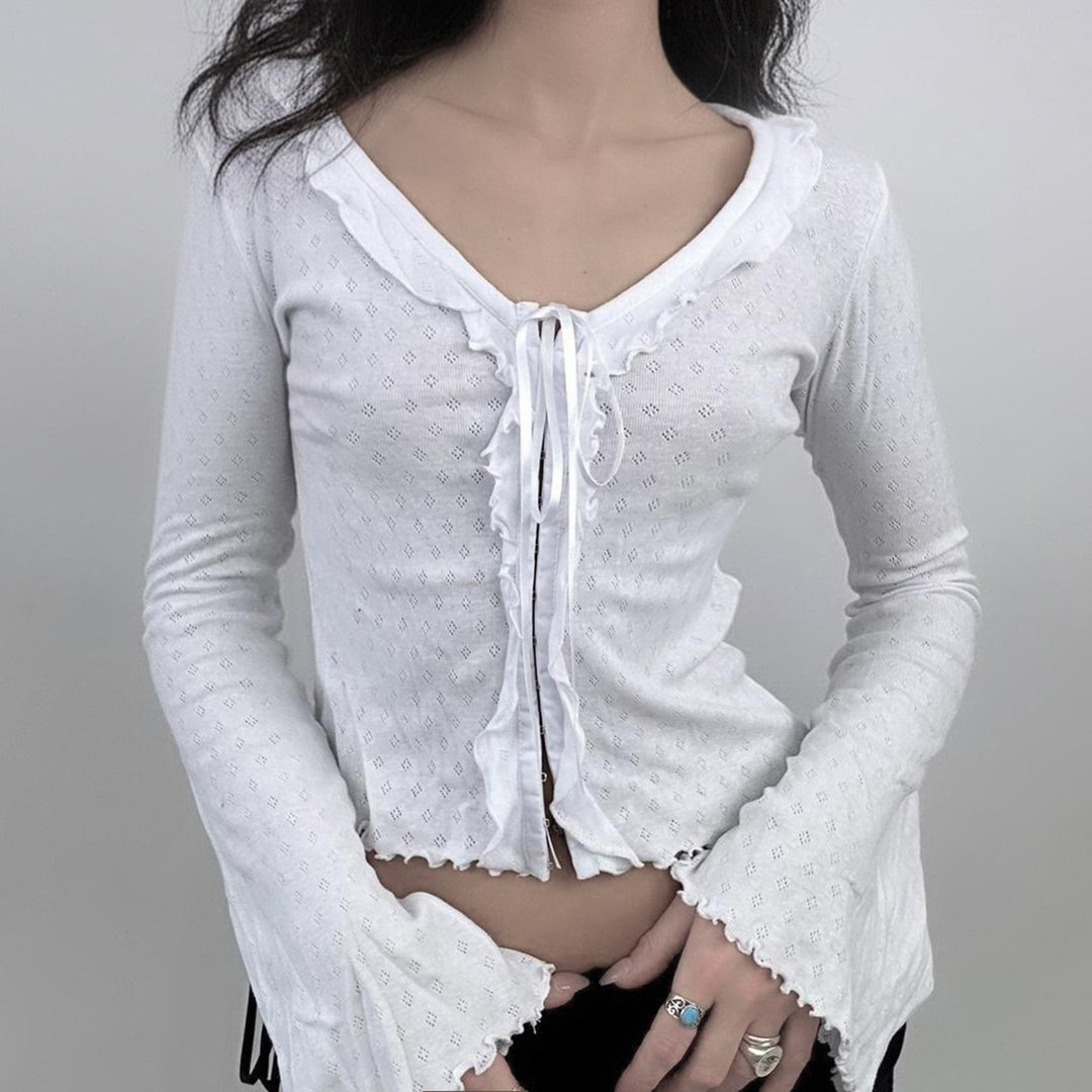 Damen Raffiniertes Langarm-Oberteil mit Volantdetails und Bindeverschluss R&B