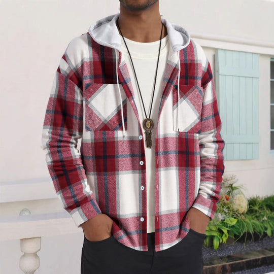 Herren Karierte Flanelljacke mit Hoodie und praktischen Taschen R&B