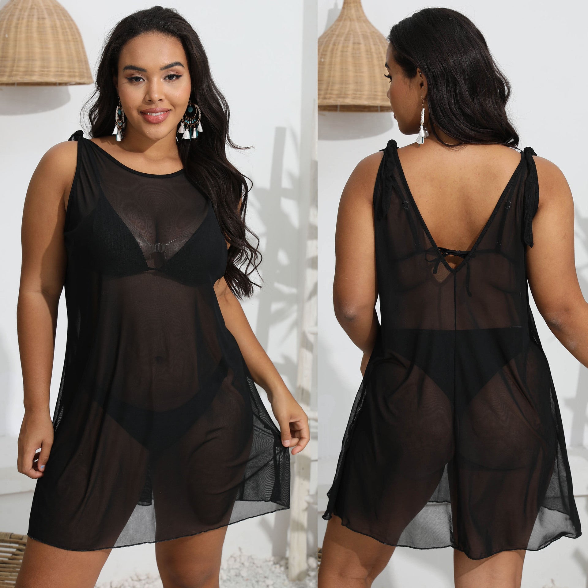 Damen transparenter Strandüberwurf mit verspielten Trägern R&B