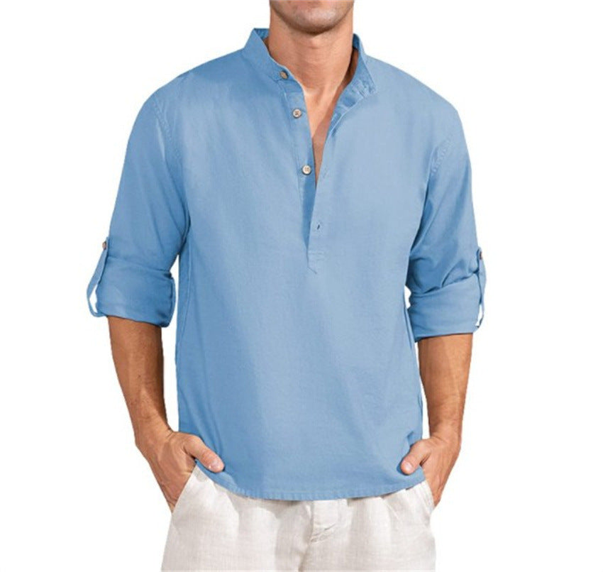 Herren Leinenhemd mit Stehkragen und praktischen Knopfdetails R&B