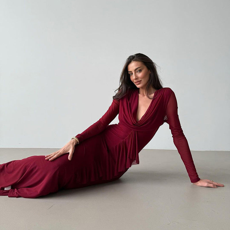 Damen Elegantes Maxikleid mit tiefem V-Ausschnitt und Rüschendetail R&B