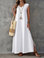 Damen Maxi-Strandkleid mit elegantem V-Ausschnitt und seitlichem Schlitz R&B
