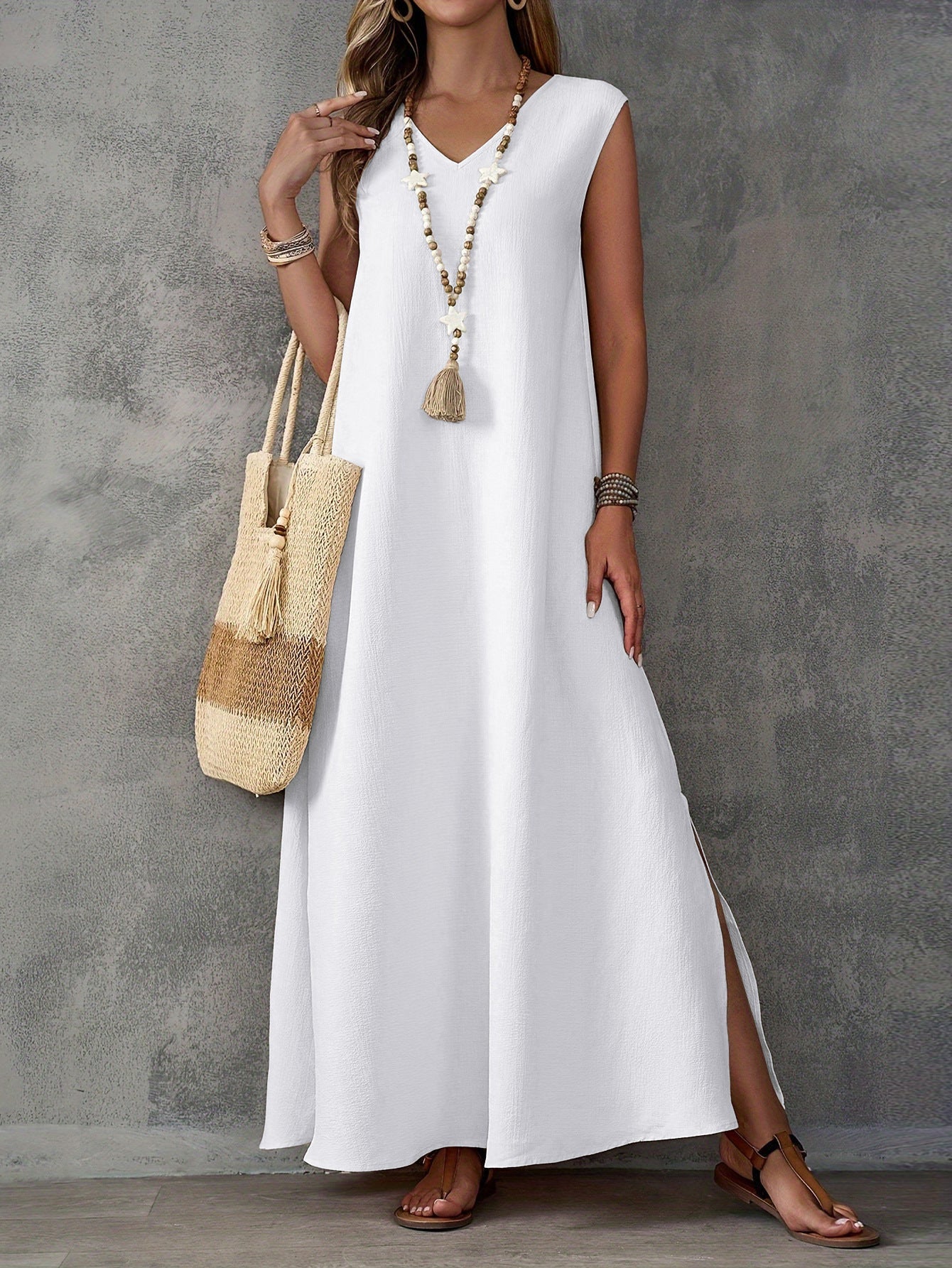 Damen Maxi-Strandkleid mit elegantem V-Ausschnitt und seitlichem Schlitz R&B