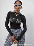 Damen nan figurbetontes transparentes Netz-Langarmshirt mit hohem Kragen und Strass-Skelettmotiv R&B