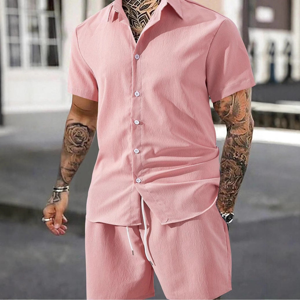 Herren lässiges Shorts-Set mit knöpfbarem Oberteil und elastischem Bund