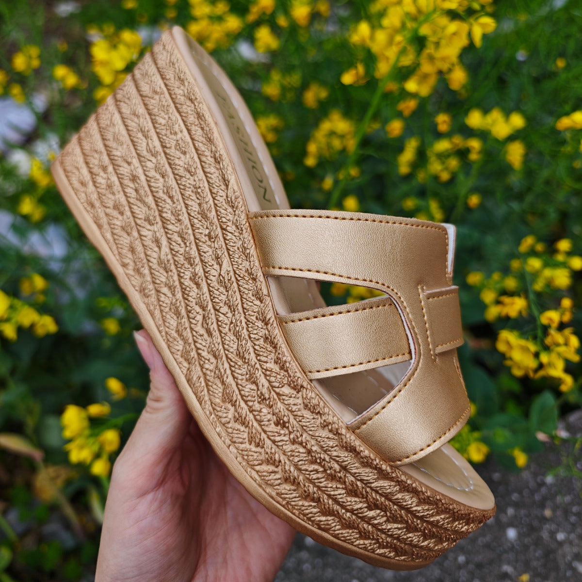 Damen Plateau-Pantoletten mit stilvollem Riemendesign und raffinierter Jute-Textur R&B