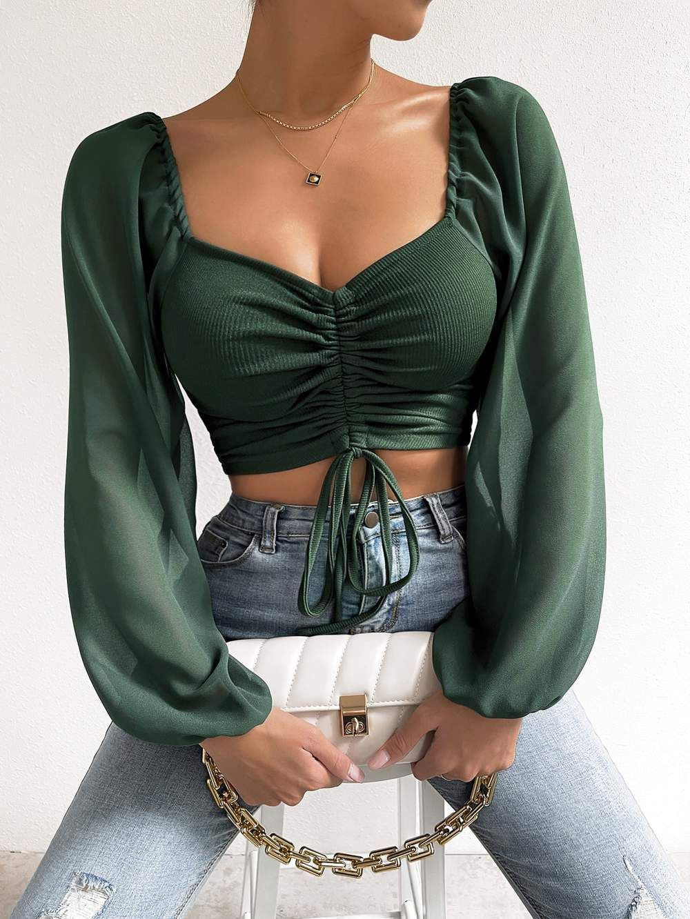 Damen Crop-Top mit strukturiertem Körper und eleganten Puffärmeln R&B