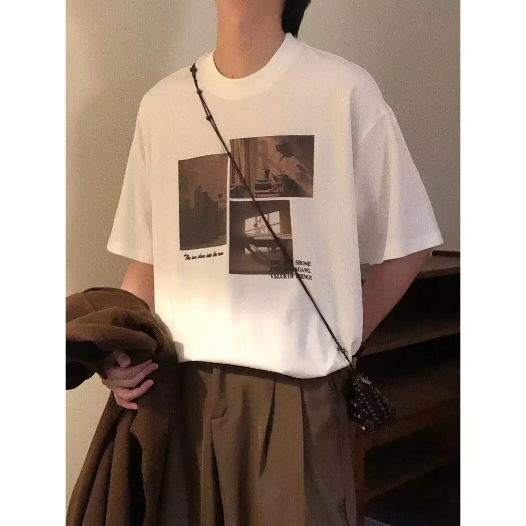 Damen modisches Kurzarm-T-Shirt mit kreativem Fotodruck und lockerer Passform