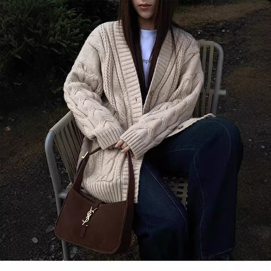 Damen Strickcardigan mit tiefem V-Ausschnitt und strukturiertem Zopfmuster R&B