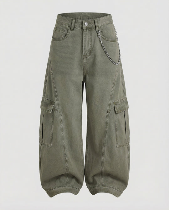 Damen extraweite Baggy-Cargo-Palazzo-Hose mit niedrigem Bund, markanten Teilungsnähten und großen Klappentaschen R&B
