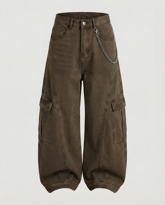 Damen extraweite Baggy-Cargo-Palazzo-Hose mit niedrigem Bund, markanten Teilungsnähten und großen Klappentaschen R&B