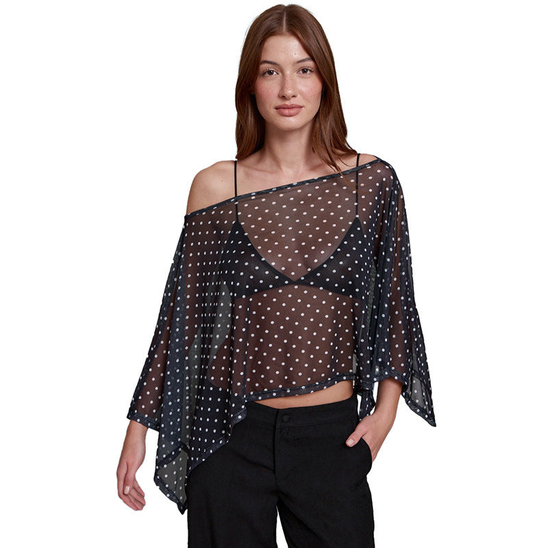 Damen transparentes Oberteil mit asymmetrischem Schnitt und Polka-Dots R&B