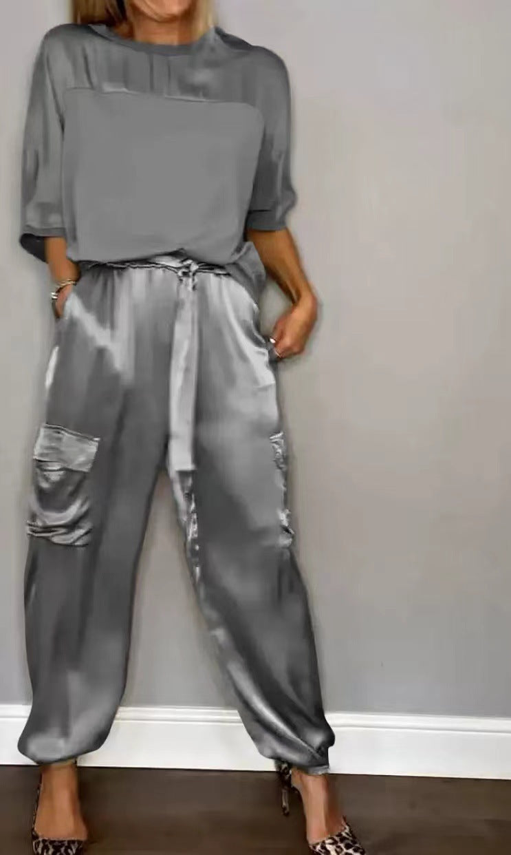 R&B | Solide Farbe glatt Satin Top zweiteilige Set für Frauen