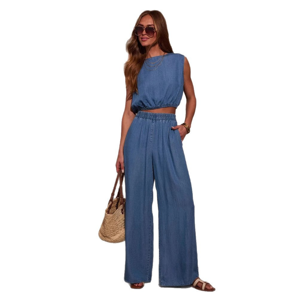 Damen Lässiges Oversized Jeans-Set mit geknotetem Oberteil und weiten Beinen R&B
